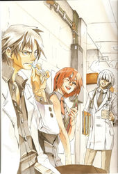  2boys aria_(guilty_gear) artbook asuka_r._kreutz cigarette doctor female guilty_gear hospital ishiwatari_daisuke lab_coat multiple_boys necktie official_art photoshop_(medium) red_hair scan smoking sol_badguy white_hair 