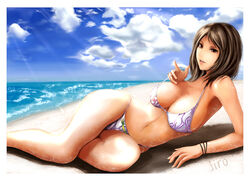  bad_id bad_pixiv_id beach bikini breasts brown_eyes brown_hair cloud day female highres jiro large_breasts light_rays lips lipstick lying makeup midriff navel original outdoors sand sky smile solo sunbeam sunlight swimsuit water wristband 