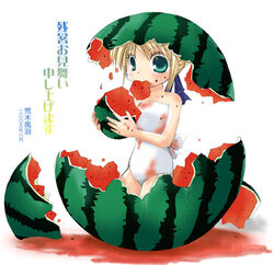  araki_fuu artoria_pendragon_(fate) blonde_hair eating fate/stay_night fate_(series) female food fruit green_eyes hair_ribbon holding holding_food holding_fruit holding_watermelon in_food lowres mini_person minigirl ribbon saber_(fate) solo watermelon 