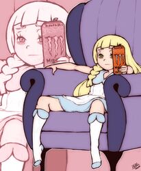  bags_under_eyes blonde_hair braid can closed_mouth commentary couch dress energy_drink english_commentary female green_eyes highres holding holding_can lillie_(pokemon) long_hair meme monster_energy multiple_views on_couch pokemon pokemon_sm randomboobguy redlettermedia rich_evans signature sitting socks spread_legs zoom_layer 