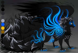  9_tails absurd_res alternate_version_at_source athena0023 black_body black_fur canid canine canis etis feathered_wings feathers female feral fur glowing glowing_flesh glowing_markings grey_background hi_res hybrid mammal markings multi_tail simple_background solo spirit_wolf standing tail wings wolf 