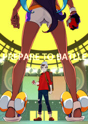  1boy absurdres beanie brown_eyes brown_footwear brown_hair commentary_request dark-skinned_female dark_skin denim dynamax_band female from_below galbi_(iouytuuyio) gloves grey_headwear hat highres holding holding_poke_ball jeans kneepits long_hair multicolored_hair nessa_(pokemon) pants poke_ball poke_ball_(basic) pokemon pokemon_swsh red_shirt sandals shirt shoes single_glove sleeves_rolled_up standing suitcase swept_bangs torn_clothes torn_jeans torn_pants two-tone_hair victor_(pokemon) view_between_legs 