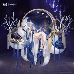  animal_ear_fluff animal_ears azur_lane bare_shoulders blue_butterfly blue_dress blush breasts bug butterfly cleavage commentary_request cup dress feather_boa female fox_ears full_body grey_hair hair_ornament head_tilt high_heels highres holding holding_cup invisible_chair large_breasts long_hair long_legs looking_at_viewer multiple_tails official_alternate_costume official_art purple_eyes ribbon second-party_source shinano_(azur_lane) shinano_(dreams_of_the_hazy_moon)_(azur_lane) side_slit sitting soaryuna solo tail thighs wrist_ribbon 