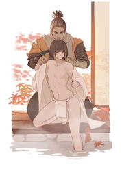  2boys absurdres androgynous autumn_leaves barefoot black_hair blunt_bangs bob_cut brown_eyes brown_pants closed_eyes closed_mouth coat collarbone commentary_request gloves grey_hair hand_on_another&#039;s_shoulder highres japanese_clothes kimono kuro_the_divine_heir layered_sleeves leg_up looking_at_another male_focus multiple_boys navel onsen orange_coat pants pectorals pelvic_curtain prosthesis prosthetic_arm scar scar_across_eye scar_on_face scarf sekiro sekiro:_shadows_die_twice short_hair sitting topknot torn_clothes torn_coat undressing undressing_another vetania wariza water white_kimono white_scarf wide_sleeves yaoi 