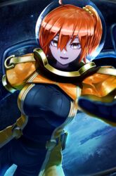  ahoge bad_id bad_pixiv_id belt breasts commentary fate/grand_order fate_(series) female fishbowl_helmet fujimaru_ritsuka_(female) fujimaru_ritsuka_(female)_(captain_chaldea) helmet highres large_breasts official_alternate_costume orange_eyes orange_hair scrunchie side_ponytail sky solo space space_helmet spacesuit star_(sky) starry_sky ub1mo 