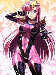  bodysuit breasts cosplay covered_navel female g_gundam gundam gundam_seed gundam_seed_destiny hair_ornament highres impossible_bodysuit impossible_clothes latex latex_bodysuit long_hair medium_breasts meer_campbell mobile_trace_suit multicolored_bodysuit multicolored_clothes pink_bodysuit rain_mikamura rain_mikamura_(cosplay) sen_(sansui) shiny_clothes shiny_skin skin_tight solo star_(symbol) star_hair_ornament 