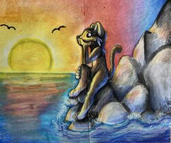  ambient_bird ambient_flier ambiguous_gender canid canine canis evening felide hi_res hyprid mammal red_sky rock sea shirika_(artist) sky solo sun water wave 