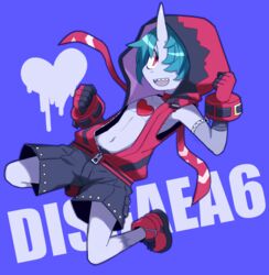  1boy absurdres black_shorts blue_background blue_skin blush choker clenched_hands collarbone colored_skin commentary copyright_name disgaea full_body hair_over_one_eye highres himawari_(kawaisounaedesu) hood hood_up hoodie horns jumping looking_at_viewer makai_senki_disgaea_6 male_focus navel red_choker red_eyes red_footwear red_hoodie sharp_teeth shoes shorts simple_background single_horn skin-covered_horns sleeveless smile solo teeth zed_(disgaea) zipper_pull_tab zombie 