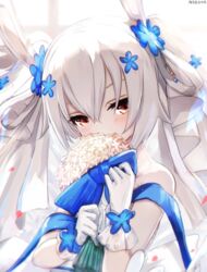  animal_ears azur_lane bare_shoulders blue_flower blurry blurry_background blush bouquet commentary_request depth_of_field eyebrows_hidden_by_hair female flower gloves grey_hair hair_between_eyes hair_flower hair_ornament head_tilt highres holding holding_bouquet laffey_(azur_lane) laffey_(white_rabbit&#039;s_oath)_(azur_lane) long_hair looking_at_viewer nekoya_(liu) official_alternate_costume rabbit_ears red_eyes revision signature solo twintails upper_body white_flower white_gloves 