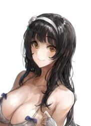  bare_shoulders bikini black_hair blue_bow blunt_bangs blush bow breasts brown_eyes chan1moon cleavage closed_mouth collarbone female fingerless_gloves girls&#039;_frontline gloves grey_bikini grey_gloves hairband highres large_breasts long_hair official_alternate_costume simple_background smile solo swimsuit type_95_(girls&#039;_frontline) type_95_(summer_cicada)_(girls&#039;_frontline) upper_body very_long_hair white_background white_hairband 