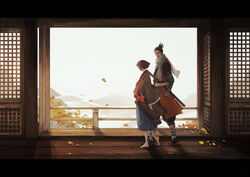  2boys architecture barefoot black_hair blue_pants brown_hair brown_kimono brown_pants coat commentary_request day east_asian_architecture falling_leaves from_side grey_scarf highres japanese_clothes katana kimono kuro_the_divine_heir leaf long_sleeves looking_at_another male_focus multiple_boys pants photoshop_(medium) prosthesis prosthetic_arm railing scarf sekiro sekiro:_shadows_die_twice sheath sheathed short_hair sleeveless sleeveless_coat sword tabi topknot vetania walking weapon wide_sleeves 