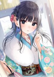  absurdres black_eyes black_hair blue_kimono blurry blurry_background blush braid commentary_request depth_of_field female floral_print flower fur_collar furisode hair_flower hair_ornament hands_up highres japanese_clothes kentaurosu kimono long_hair long_sleeves looking_at_viewer obi original parted_lips print_kimono red_flower sash solo upper_body wide_sleeves 