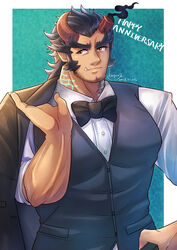  1boy absurdres anniversary bara black_bow black_bowtie blue_hair bow bowtie broken_horn dark_blue_hair demon_boy demon_horns facial_hair formal highres horns jacket jacket_on_shoulders kageru_(mofnyan) large_pectorals long_sideburns male_focus mature_male muscular muscular_male oerba_yun_fang official_alternate_costume pectorals scar scar_on_neck short_hair sideburns solo stubble takemaru_(housamo) thick_eyebrows tokyo_afterschool_summoners upper_body 