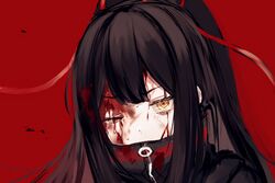  black_hair black_jacket blood blood_on_clothes blood_on_face covered_mouth female hair_ribbon high_ponytail highres jacket library_of_ruina long_hair one_eye_closed project_moon red_background red_ribbon ribbon sidelocks simple_background solo sweat tenma_(project_moon) very_long_hair y_o_u_k_a yellow_eyes 