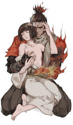  2boys androgynous bandaged_arm bandages bare_shoulders barefoot black_hair black_pants black_sclera black_shirt blunt_bangs bob_cut closed_eyes closed_mouth coat collarbone colored_sclera commentary_request feet fiery_hair fire full_body grey_hair grey_scarf hand_on_another&#039;s_face highres hug japanese_clothes kimono kuro_the_divine_heir looking_at_viewer male_focus multiple_boys off_shoulder orange_coat pale_skin pants pleated_pants prosthesis prosthetic_arm red_eyes scarf sekiro sekiro:_shadows_die_twice shirt short_hair simple_background sitting sitting_on_lap sitting_on_person toes topknot vetania wariza white_background white_kimono yaoi 