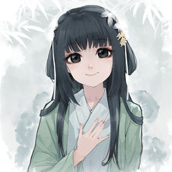  black_eyes black_hair blunt_bangs closed_mouth duijin_ruqun female floral_background flower hair_flower hair_ornament hair_rings hand_on_own_chest hand_up highres japanese_clothes kimono long_hair open_clothes original revision smile solo white_flower white_kimono white_ph 