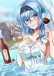  2girls :d absurdres alcohol amber_(genshin_impact) atawatsho blue_hair bonfire breasts brown_gloves brown_hair cleavage cold commentary cup drinking_glass english_commentary eula_(genshin_impact) fire genshin_impact gloves hair_between_eyes hairband highres ice long_hair long_sleeves looking_at_viewer multiple_girls naked_towel partially_submerged purple_eyes sidelocks smile squatting towel wine wine_glass 