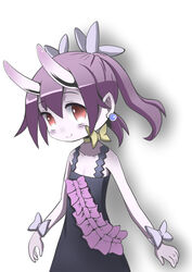  absurdres bare_shoulders bieko_(disgaea) black_dress blush bow_choker choker closed_mouth collarbone colored_skin commentary_request disgaea dress earrings female flat_chest hair_between_eyes highres horns jewelry looking_at_viewer makai_senki_disgaea_6 purple_hair purple_skin purple_wrist_cuffs red_eyes simple_background skin-covered_horns sleeveless smile solo toryo_(sinsei2413) twintails upper_body white_background wrist_bow yellow_choker 