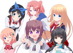  6+girls black_hair blonde_hair blue_eyes blue_hairband blush bow bowtie brown_eyes brown_hair buttons chloe_lemaire closed_mouth collared_shirt commentary_request crossover derivative_work girlfriend_(kari) gochuumon_wa_usagi_desu_ka? grey_sailor_collar hair_ornament hair_ribbon hairband hairclip heart heart-shaped_pupils hoto_cocoa kanojo_okarishimasu long_hair long_sleeves low_twintails mashiro_touko mikakunin_de_shinkoukei momochi_tamate multiple_crossover multiple_girls oerba_yun_fang one_eye_closed open_mouth orange_hair partial_commentary pink_vest purple_eyes rabbit_house_uniform red_bow red_bowtie red_hair ribbon sailor_collar sarashina_ruka school_uniform serafuku shirt short_hair simple_background skin_fang slow_start smile symbol-shaped_pupils twintails vest white_background white_ribbon white_shirt yonomori_kobeni yutsuki_warabi 