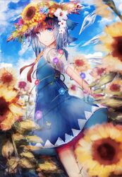  :/ absurdres arm_at_side bad_id bad_twitter_id blue_dress blue_eyes blue_hair blue_sky blush cirno closed_mouth cloud commentary day dress expressionless eyelashes feet_out_of_frame female field flat_chest flower flower_field garden_of_the_sun hat hat_flower highres ice ice_wings leaf looking_at_viewer outdoors petals pinafore_dress pink_flower plant puffy_short_sleeves puffy_sleeves ribbon short_hair short_sleeves sky sleeveless sleeveless_dress solo standing straw_hat sunflower sunflower_field tonan_(l0l0l0l0l0l) touhou vines white_flower wings yellow_flower yellow_ribbon 