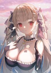  azur_lane bare_shoulders between_breasts black_ribbon breasts cleavage clothing_cutout commentary_request detached_collar dress female flower formidable_(azur_lane) frilled_dress frills gothic_lolita grey_hair hair_ribbon haitu hand_on_own_chest highres large_breasts lolita_fashion long_hair looking_to_the_side md5_mismatch outdoors partial_commentary red_eyes revision ribbon shadow shoulder_cutout solo standing twintails two-tone_dress two-tone_ribbon upper_body very_long_hair water white_flower 