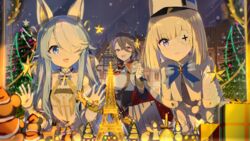  3girls against_glass ahoge animal_ears azur_lane bag blue_bow blue_eyes blue_hair bow box breasts cape capelet christmas christmas_tree eiffel_tower epaulettes eyepatch fake_animal_ears foch_(azur_lane) fur-trimmed_headwear fur_trim gift gift_box gotyou hair_over_one_eye hat holding holding_bag large_breasts le_terrible_(azur_lane) loading_screen long_hair maille-breze_(azur_lane) manjuu_(azur_lane) mechanical_ears medium_hair multicolored_hair multiple_girls official_art open_mouth purple_eyes purple_hair red_eyes red_headwear santa_hat see-through shopping_bag streaked_hair two-tone_hair white_cape white_hair 