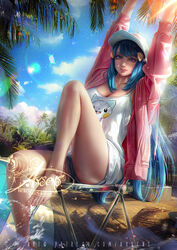  arms_up axsen banned_artist bare_legs bare_shoulders baseball_cap blue_eyes blue_hair blue_sky breasts cleavage cloud dawn_(pokemon) day female hair_ornament hairclip hat highres jacket large_breasts long_hair long_sleeves looking_at_viewer open_clothes open_jacket outdoors pachirisu parted_lips pink_jacket pokemon pokemon_(game) pokemon_dppt poolside print_shirt shirt short_shorts shorts signature sitting sky sleeveless sleeveless_shirt solo very_long_hair white_headwear white_shirt white_shorts 