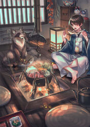  1boy all_fours brown_hair cabbage carrot commentary_request cooking_pot cupboard cushion eating fire fire_pit fish food hanten_(clothes) highres holding holding_skewer hotpot indian_style indoors irori_(hearth) japanese_clothes jizaikagi katana kettle kimono lantern looking_at_another male_focus meat mushroom nabe original plate sheath sheathed shiitake short_hair sitting skewer spring_onion steam suzaku_(zaku6584) sword tanuki tofu vegetable weapon wide_sleeves window wood yellow_eyes zabuton 