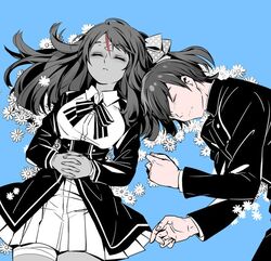  1boy bandaged_leg bandages black_jacket blue_background bow bowtie closed_eyes closed_mouth collared_shirt crying da_huang death female flower gakuran hair_ribbon hair_spread_out jacket long_hair long_sleeves lying minamoto_sakura miniskirt monochrome on_back on_side own_hands_clasped own_hands_together parted_lips partially_colored pleated_skirt ribbon scar scar_on_face scar_on_forehead school_uniform shirt short_hair simple_background skirt spoilers striped_bow striped_bowtie striped_clothes tatsumi_koutarou underbust upper_body white_skirt zombie zombie_land_saga 