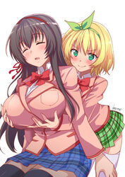  2girls aoi_manabu black_hair black_socks blazer blonde_hair blush bow breasts closed_eyes commentary_request drooling grabbing grabbing_another&#039;s_breast grabbing_from_behind green_bow green_eyes green_hairband hairband highres jacket kawaikereba_hentai_demo_suki_ni_natte_kuremasu_ka? koga_yuika large_breasts long_hair multiple_girls plaid plaid_skirt red_hairband short_hair skirt smile socks tokihara_sayuki white_socks yuri 