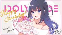  :d birthday birthday_cake black_hair blue_eyes cake character_name female food happy_birthday highres idol idoly_pride long_hair looking_at_viewer nagase_mana official_art open_mouth qp:flapper smile solo upper_body 