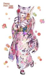  2022 :d animal_ear_fluff animal_ears arrow_(projectile) bell black_hair blue_flower blush braid chinese_zodiac ema fangs female floral_background floral_print flower full_body fur_collar geta grey_hair hair_flower hair_ornament hair_over_shoulder hair_ribbon hamaya happy_new_year highres holding holding_arrow japanese_clothes jingle_bell kimono leg_up long_hair long_sleeves looking_at_viewer multicolored_clothes multicolored_hair multicolored_kimono new_year obi orange_flower original print_kimono purple_eyes ramuya_(lamb) red_flower ribbon sash single_braid smile solo standing standing_on_one_leg tabi tail tassel tiger_ears tiger_girl tiger_tail two-tone_hair white_background white_legwear wide_sleeves year_of_the_tiger yellow_ribbon 