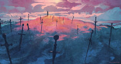  anatofinnstark artist_name berserk cloud cloudy_sky dragonslayer_(sword) dusk evening field_of_blades greatsword hill no_humans orange_sky outdoors planted_sword planted_weapon scenery sky sword weapon 