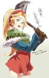  axe bad_id bad_twitter_id blonde_hair breasts chimaki_(impressiveanarchy) commentary_request dress female green_eyes long_hair looking_at_viewer meythia open_mouth saga saga_frontier_2 simple_background skirt solo tears translation_request 