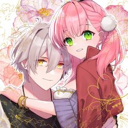  1boy atelier_(series) atelier_escha_&amp;_logy bracelet capelet closed_mouth commentary_request escha_malier female floral_background green_eyes grey_hair hair_between_eyes hand_on_another&#039;s_shoulder highres jewelry logix_ficsario long_hair looking_at_viewer pink_hair red_capelet sakae_(1210hati) short_hair smile upper_body yellow_eyes 