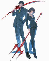  1boy black_eyes black_footwear black_hair black_jacket black_pants black_shirt black_suit chain_sumeragi closed_mouth collared_shirt dress_shirt female formal full_body hair_over_one_eye hand_in_pocket hand_up highres holding holding_polearm holding_sword holding_weapon jacket kekkai_sensen long_sleeves looking_at_viewer looking_away necktie over_shoulder pants polearm scar scar_on_face shirt shoes short_hair simple_background standing steven_a._starphase suit sword ta0oxo0ma trident weapon weapon_over_shoulder white_background white_shirt yellow_necktie 