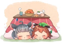  2girls :3 ahoge animal_ear_piercing animal_ears basket blush bow bowtie brown_hair cat_ears chen closed_eyes commentary_request cup food fruit grey_hair hat heart ibaraki_natou jewelry kotatsu mandarin_orange mob_cap mochen mouse_ears mug multiple_girls nazrin paw_print short_hair table teacup touhou triangle_mouth visor_cap 