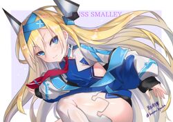  :&gt; absurdres azur_lane blonde_hair blue_eyes character_name closed_mouth female highres jacket knee_up kurono_hyouka long_hair necktie red_necktie sidelocks signature simple_background sleeves_past_wrists smalley_(azur_lane) smile solo thighhighs thighs twitter_username white_background white_thighhighs 