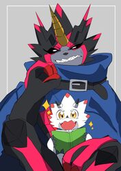  angry anthro bandai_namco belt black_body black_sclera book cape claws clothing digimon digimon_(species) digimon_ghost_game duo evolutionary_family gammamon glowing glowing_eyes gulusgammamon hi_res horn male reading scalie sharp_teeth teeth zunaha 