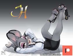  2019 absurd_res anthro bedroom_eyes bottomwear clothed clothing dipstick_ears disney ear_markings female footwear fully_clothed fur furgonomics gradient_background grey_background half-closed_eyes heelpop hi_res high_heels judy_hopps lagomorph legs_up leporid looking_at_viewer loose_footwear lying mammal multicolored_body multicolored_ears multicolored_fur narrowed_eyes on_back open_mouth open_smile patreon patreon_logo pencil_skirt pink_nose purple_eyes rabbit seductive shoe_dangle simple_background siroc skirt smile solo tail tail_through_skirt text two_tone_body two_tone_fur url zootopia 