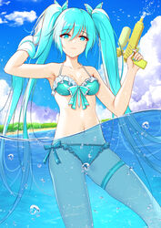  air_bubble aqua_bikini aqua_eyes aqua_hair armpits bare_shoulders bikini blue_sky breasts bubble closed_mouth cloud collarbone commentary cowboy_shot day expressionless eyes_visible_through_hair female flan_(seeyouflan) frilled_bikini frills front-tie_bikini_top front-tie_top hair_between_eyes halterneck hand_in_own_hair hatsune_miku highres left-handed long_hair looking_at_viewer medium_breasts navel ocean outdoors partially_underwater_shot side-tie_bikini_bottom sky solo swimsuit thigh_strap twintails very_long_hair vocaloid wading water water_gun 