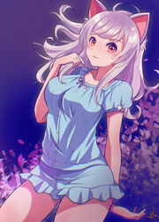  absurdres animal_ears anotherplus bakeneko black_hanekawa breasts cat_ears cat_girl closed_mouth commentary_request female grey_hair hanekawa_tsubasa highres large_breasts long_hair looking_at_viewer monogatari_(series) petals sleepwear smile solo yellow_eyes 