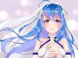  absurdres ahoge alternate_costume azur_lane bare_shoulders blue_hair bridal_veil bride choker collarbone commentary_request criss-cross_halter detached_sleeves dress female fingernails flower flower_choker gradient_hair hair_between_eyes hair_flower hair_ornament halterneck happy_tears helena_(azur_lane) highres jewelry kurono_hyouka long_hair looking_at_viewer multicolored_hair ornate_ring purple_eyes ring signature smile solo tearing_up tears veil wedding_dress wedding_ring 