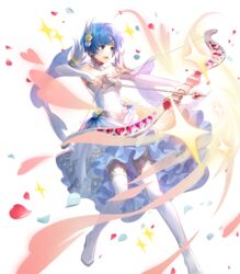  arrow_(projectile) blue_eyes blue_hair boots bow_(weapon) breasts bride circlet detached_collar dress feather_trim female fire_emblem fire_emblem:_the_binding_blade fire_emblem_heroes full_body hair_ornament hakou_(barasensou) high-low_skirt high_heel_boots high_heels highres holding holding_bow_(weapon) holding_weapon jewelry layered_skirt looking_at_viewer looking_away medium_breasts non-web_source official_art open_mouth petals shanna_(bridal)_(fire_emblem) shanna_(fire_emblem) short_hair skirt solo sparkle strapless strapless_dress thigh_boots thighhighs transparent_background weapon wedding_dress white_dress white_footwear 