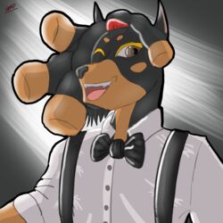  1:1 accessory alan_(word360) anthro beard black_body black_fur blonde_eyebrows bow_tie brown_body brown_fur canid canine canis clothing colored dobermann domestic_dog dreadlocks dress_shirt drow462 eyebrows facial_hair fangs fur hair_accessory hair_tie happy hi_res male mammal markings multicolored_body multicolored_fur one_eye_closed pinscher plastic_love sharp_teeth shirt simple_background smile smiling_at_viewer solo spots spotted_markings suspenders teeth thick_outline topwear two_tone_body two_tone_fur white_dress_shirt wink 