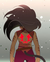  ass back back_cutout back_tattoo belt cat_girl catra clothing_cutout commentary_request female from_behind glowing_tattoo highres korean_commentary loose_belt masters_of_the_universe parody she-ra_and_the_princesses_of_power shun_goku_satsu solo street_fighter su_ggushi tail tattoo torn_clothes 