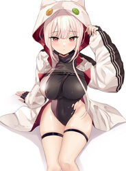  absurdres animal_hood black_gloves black_leotard breasts cat_hood covered_navel female fingerless_gloves girls&#039;_frontline gloves highres hood hood_up hooded_jacket jacket leotard long_hair long_sleeves open_clothes open_jacket red_eyes sidelocks simple_background solo thigh_strap torn_clothes torn_leotard ukm-2000_(girls&#039;_frontline) vii22581034 white_hair white_jacket 