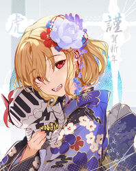  2022 :d alternate_costume blonde_hair character_doll commentary_request doll earrings female floral_print flower g_yuusuke hair_flower hair_ornament happy_new_year holding holding_doll japanese_clothes jewelry kimono kokubyaku_no_avesta looking_at_viewer magsarion new_year official_art quinn_(kokubyaku_no_avesta) red_eyes shinza_bansho_series smile teeth upper_teeth_only 