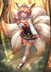  ahoge animal_ears black_choker braid choker commentary_request day deaver eight-tailed_fox_nari facial_mark female forest fox_ears fox_tail full_body grass guardian_tales highres korean_commentary multiple_tails nature orange_hair outdoors paw_pose socks solo tail thigh_strap whisker_markings white_socks 