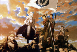  6+boys armor artist_request berserk cape casca_(berserk) cleaned cloud corkus_(berserk) crossbow derivative_work female flag gloves griffith_(berserk) guts_(berserk) helmet highres huge_weapon judeau_(berserk) magazine_scan multiple_boys newtype official_art photoshop_(medium) pippin_(berserk) rickert_(berserk) rock scan sky sword weapon white_hair 